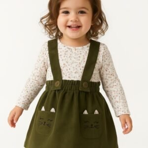 Jumper Falda Infantil con Bolsitas de Gatito Verde Oliva – Suave, Tierno y Súper Combinable | PEQUE VOGUET