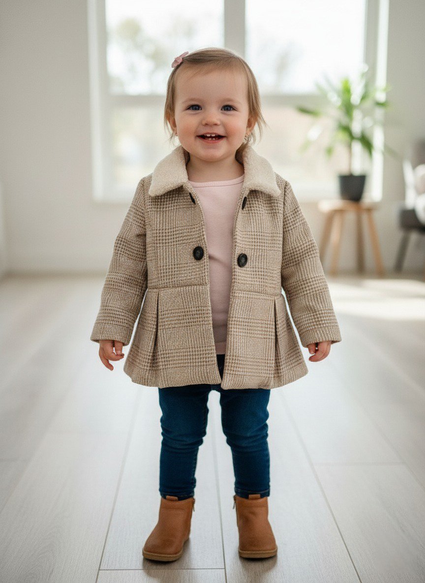 Abrigo Caqui para Niña – Elegancia Suave y Calientita para Tus Momentos Más Especiales