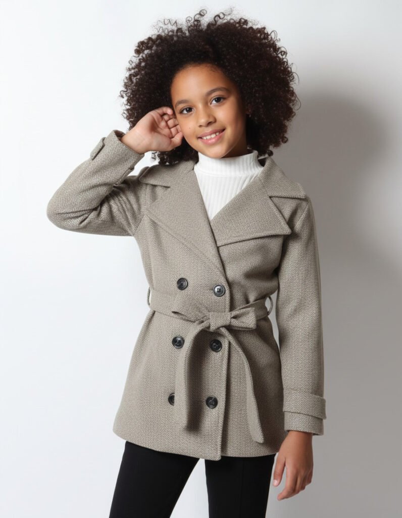 Abrigo Elegante para Niña estilo Trench – Calidez, Clase y Comodidad | Color Gris Espiga | PEQUE VOGUET