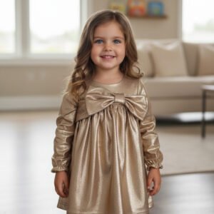 Vestido Dorado Brillante para Niña – Elegancia Deluxe con Moño Grande y Comodidad Total