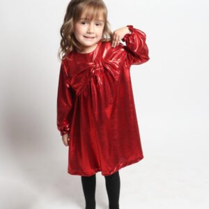 Vestido Rojo Festivo para Niña – Brillo Elegante con Moño Grande y Comodidad Premium