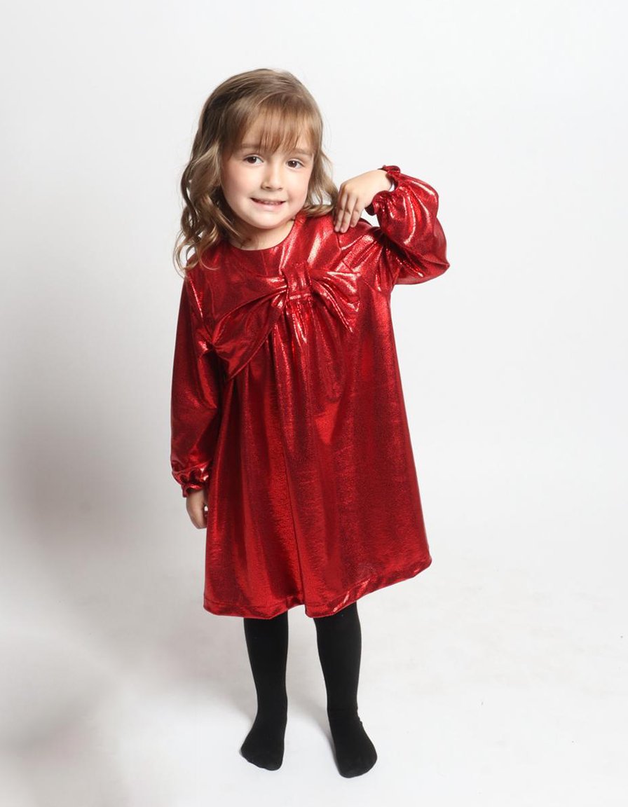 Vestido Rojo Festivo para Niña – Brillo Elegante con Moño Grande y Comodidad Premium